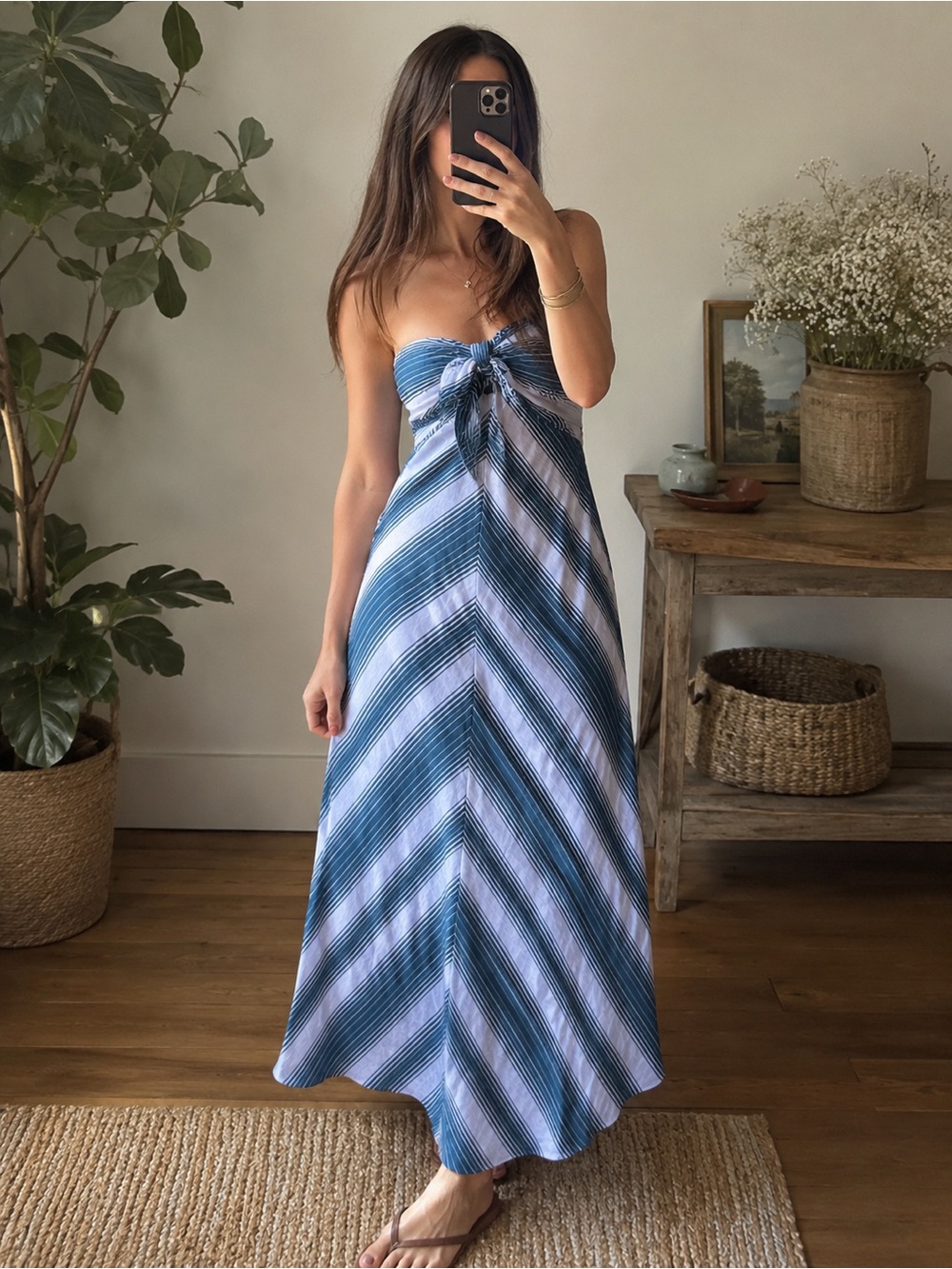 Roxy Blue and White Strapless Tie-Front Maxi Dress